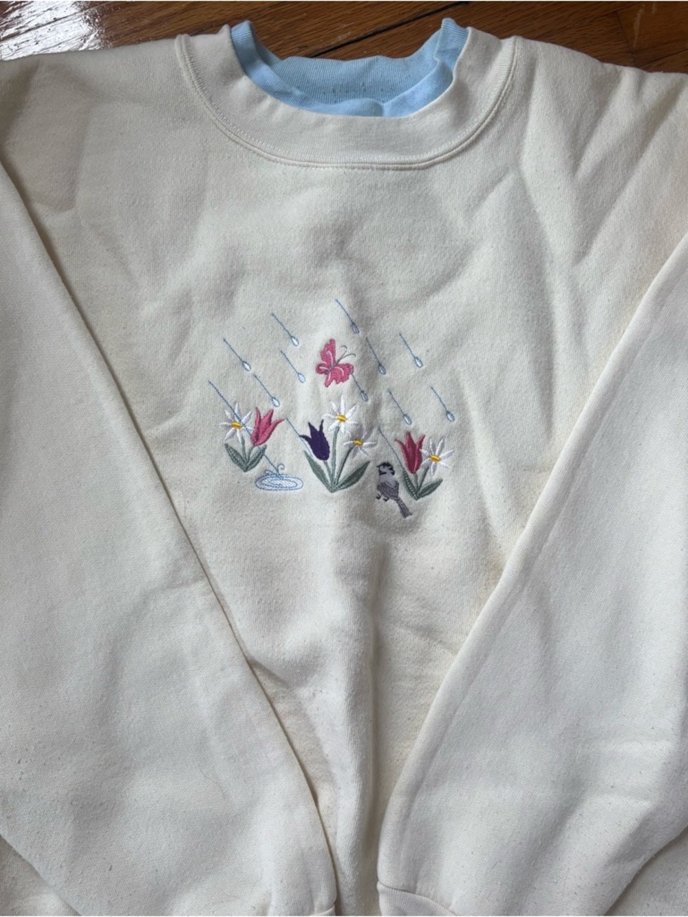 Embroidered Floral Cream Sweatshirt with Pastel Blue Trim